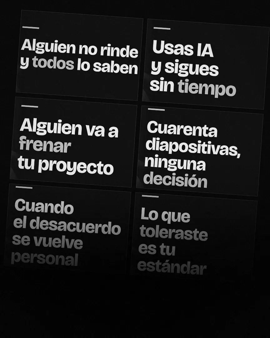 Títulos de lives anteriores: Alguien no rinde y todos lo saben; Usas IA y sigues sin tiempo; Alguien va a frenar tu proyecto; Cuarenta diapositivas, ninguna decisión.